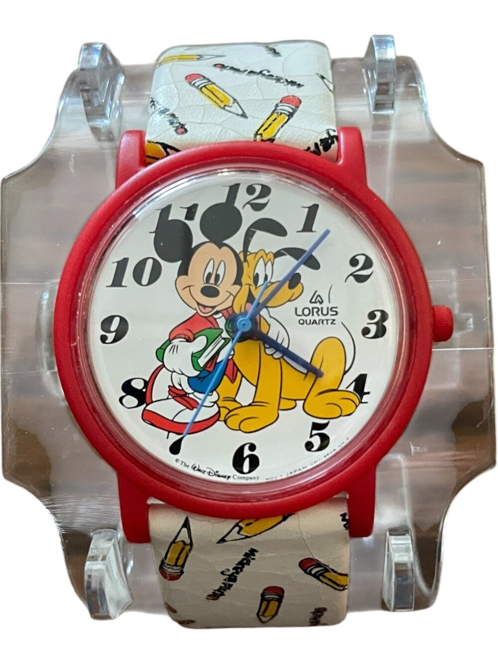 Vintage Lorus Quartz Mickey Mouse & Pluto Pencil Pattern Kids Watch Disney New